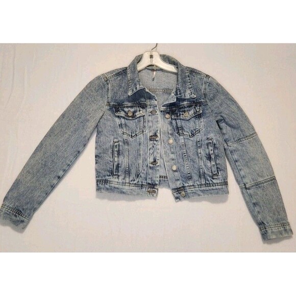 Free People Rumors Acid Washed Indigo Denim Jean Trucker Jacket Medium - Picture 13 of 15